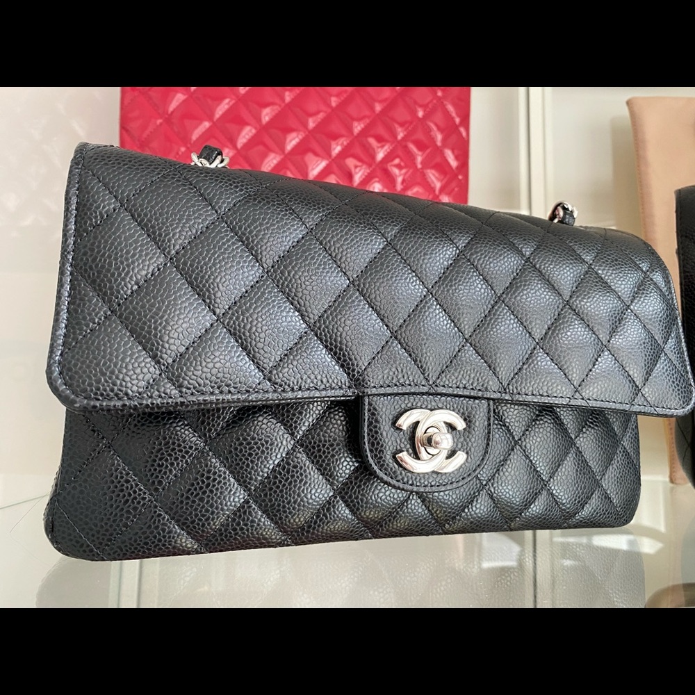 Chanel Double Flap classic medium in caviar and silver hardware. Like new.